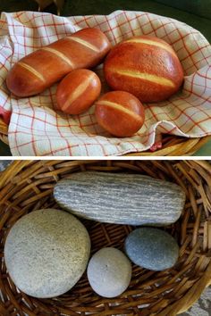 two pictures with different types of bread in the middle and on the right, there is a basket filled with rocks