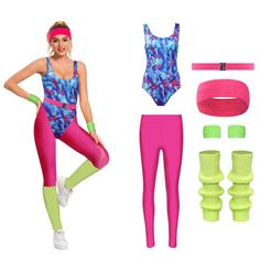 a woman in pink and green sports wear with neon colored accessories including headbands, leggings and bra