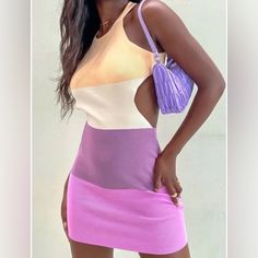 Never Worn Chic Purple Mini Dress For Summer, Trendy Purple Mini Dress For Day Out, Summer Sleeveless Purple Mini Dress, Purple Fitted Mini Dress For Beach, Purple Fitted Mini Dress For The Beach, Fitted Purple Mini Dress For Beach, Trendy Purple Dress For Day Out, Chic Purple Backless Dress, Trendy Purple Summer Dresses