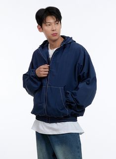 Product Detail Style : Street Occasion : Back to school Type : Men Detail : Stitch, Zip up, Hood Print : Solid Material : Nylon Sleeve : Long sleeve Neck : Hood Fit : Loose fit Nylon100 Color : Blue, Dark red, Black Made in Korea Model Size Model is wearing size M/L and the color Blue. Height : 6'0" | 184cm / Top : L / Bottom : XL (32 inch) .prddescription table, .prddescription td, .prddescription th { border : 1px solid black; border-collapse : collapse; padding: 10px; } Size(Inch) Size Should Casual College Windbreaker For Winter, Casual Winter Windbreaker For Streetwear, Casual Fall Windbreaker For College, Urban Blue Windbreaker With Double-lined Hood, Urban Blue Windbreaker With Double Hood, Navy Casual Nylon Track Jacket, Casual Windbreaker With Ribbed Cuffs For Outdoor, Winter Nylon Track Jacket With Double-lined Hood, Casual Hooded Jacket With Zipper For Outdoor Activities