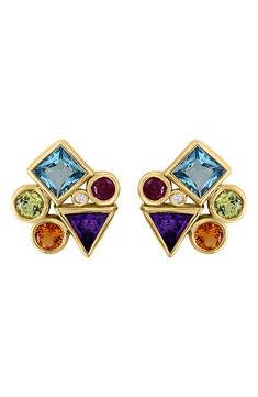 Easy-to-wear stud earrings will add significant polish to even your most casual ensembles. 0.42"W x 0.48"L Total stone weight: 1.65ct. Total diamond weight: 0.01ct. Color: H–I Clarity: I2 14k gold/amethyst/blue topaz/citrine/rhodolite/peridot/diamond Made in the USA Diamond Guide Modern Multi-stone Yellow Gold Earrings, Modern Yellow Gold Multi-stone Earrings, Formal 14k Gold Multi-stone Earrings, Formal Multi-stone 14k Gold Earrings, Yellow Gold Multi-stone Earrings For Anniversary, 14k Gold Multi-stone Earrings For Anniversary, Diamond Guide, Diamond Stud Earrings, Diamond Stud