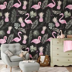 a flamingo themed wallpaper with pink flamingos and palm leaves on black background