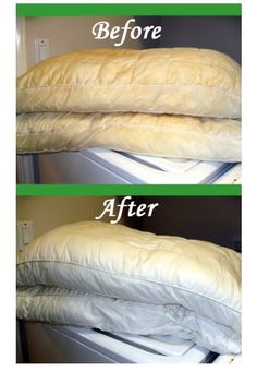 before and after pictures of pillows on top of an open refrigerator with the words, how to wash pillows and make them white again