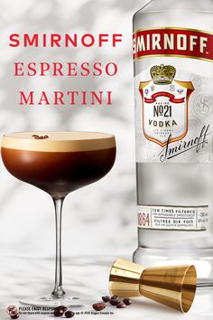 an advertisement for smirnoff espresso martini with a cocktail in the foreground