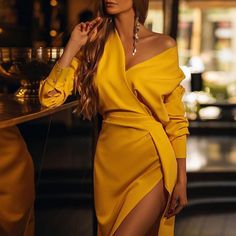 Gender:+Women Item+Type:Dress Material:+Polyester Color:+Yellow Size:+S,+M,+L,+XL Yellow Party Dress, Womens Yellow Dress, Yellow Party, Satin Short, Neck Bodycon Dress, Dress Yellow, Fall Skirts, Outfits Winter, Draped Dress