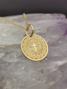 "Personalized 14k Solid Gold Dainty Cross Coin Necklace For Protection, Greek Orthodox Jewelry, ICXC NIKA Coin Pendant, Baptism Gift for Girl 0.5 Inch (12.7mm) Diameter pendant 14k Solid Gold ♥ Material of pendant and chain: Solid Gold 14K ♥ Packaging: All of our jewelry is beautifully boxed and ready for gifting For more personalized designs take a look here: ♥ www.etsy.com/listing/631444472 ♥ www.etsy.com/listing/645292671 ♥ www.etsy.com/listing/645282627 ♥ www.etsy.com/listing/631455364 ♥ www Yellow Gold Pendant Jewelry For Blessing, Yellow Gold Round Pendant Jewelry For Blessing, 14k Gold Engraved Jewelry For Blessing, Engraved Yellow Gold Jewelry For Blessing, Engraved Cross Necklace For Blessing, Elegant Round Jewelry For Baptism, Yellow Gold Round Jewelry For Blessing, Spiritual 14k Gold Cross Pendant, Yellow Gold Round Necklace For Blessing