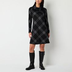 This black and white plaid women's shift dress by R&K Originals is an effortlessly chic must-have for fall and winter styling. Made from a soft stretchy knit, this mod-style knee-length dress has a cowl neckline and long ruched sleeves. Wear it with your favorite boots and earrings. Closure Type: Pullover HeadNeckline: Cowl NeckSleeve Length: Long SleeveSleeve Style: Ruched SleeveApparel Length: 36 InchesDress Length: Knee LengthFiber Content: 96% Polyester, 4% SpandexFabric Description: KnitCar Black Long Sleeve Plaid Dress, Long Sleeve Black Plaid Dress For Work, Fitted Black Plaid Long Sleeve Dress, Black Long Sleeve Plaid Dress For Work, Black Fitted Long Sleeve Plaid Dress, Black Plaid Dress For Work, Chic Black Long Sleeve Plaid Dress, Fitted Knee-length Plaid Dress For Fall, Fall Fitted Knee-length Plaid Dress