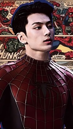 a young man wearing a spiderman costume in front of a colorful background with the words junk on it