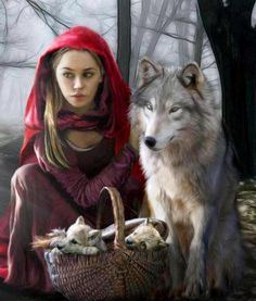 a painting of a woman sitting next to a wolf in the woods with a basket