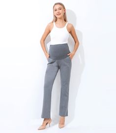 Maternity trouser pants are a comfortable and stylish option for pregnant women. These pants are designed to accommodate a growing belly, with a high waistband that sits above the belly and a comfortable, and a relaxed fit through the hips and thighs. The waistband is stretchy and elasticized to provide support and comfort throughout pregnancy as your bump grows. A favorite of our working moms' these pants are perfect for the hybrid mommy-office life as they can be dressed up with a blouse and heels for a chic office look, or kept casual with a t-shirt and sneakers. They are a versatile and practical choice for any stage of pregnancy and can be worn after pregnancy as well. Ultra big pockets will come in handy for your busy life. STYLE: PRPT-EL- Over the bump: super stretchy material with Maternity Stretch Bottoms With Elastic Waistband, Maternity Bottoms With Elastic Waistband And Stretch, Fitted Maternity Pants Bump Friendly, Stretch Maternity Bottoms Nursing Friendly, Stretch Maternity Bottoms Bump Friendly, Bump Friendly Fitted Maternity Pants, Spring Maternity Bottoms Nursing Friendly, Spring Maternity Stretch Bottoms, Fitted Nursing Friendly Bottoms For Maternity