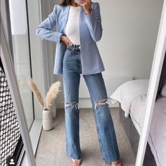 Nwt Size M. This Is A Lovely Blue Lapelless Blazer. Has A White Mark Close To The Tag, See Last Picture It Came That Way From Zara Northeast Fashion, Work Lookbook, Outfit Chic, Blazer Outfit, Outfit Jeans, Classy Work Outfits, Stylish Work Outfits, Casual Work Outfits, Mode Inspo