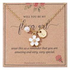 PRICES MAY VARY. ❤【Initial Necklace for Flower Girl】❤ Such as letter “L”, initial necklace symbols your flower girl initial name. Make the perfect gift for your flower girl or bridesmaid to thank them for making your big day special. ❤【Premium Material】❤ Made of high quality shell pearl and dainty stainless steel charm, come with adjustable 14K gold plated chain,no nickel and lead. It’s friendly to you skin and sturdy enough to wear for a long time. ❤【Adjustable Size】❤The pendant measures 0.3 x Flower Girl Proposal, Flower Girl Jewelry, Thank You Flowers, Initial Name, Flower Girl Gifts, Proposal Gifts, Bridal Shower Party, Initial Pendant, Letter Necklace