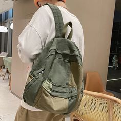 UAKISS - Trendy Cool Canvas Women Backpack Female Leisure Laptop Backpack For College Students Schoolbag Girl Boy Travel Rucksack Bookbag Cool School Backpacks, Green Backpack Outfit, Backpack Outfits Women, Trendy School Backpacks, Backpack Outfits, Bags College, Patchwork Backpack, Korean Fashion School, Woman Backpack