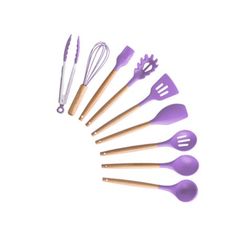 purple kitchen utensils arranged in a circle on a white background