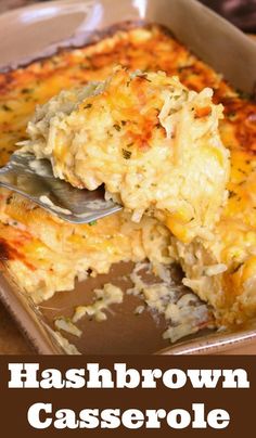 hashbrown casserole in a baking dish with a fork