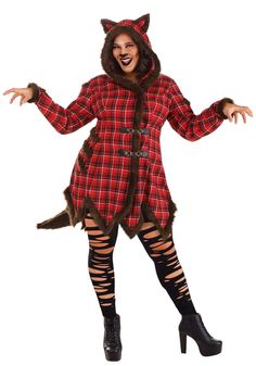 a woman in a red and black plaid coat with an animal mask on her head