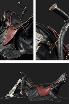 three different views of a black and red leather purse with metal details on the handles