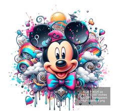 a mickey mouse with balloons and clouds in the background, as if it were an art work