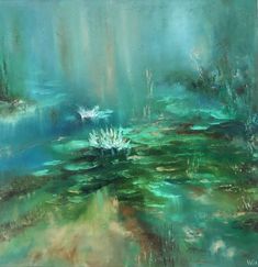 an abstract painting of water lilies and algaes in blue, green and white colors