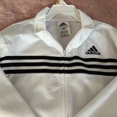 Nwot Euc Boys Adidas Jacket With Stripes On Sleeves. Very Light Fleece Super Soft Lining Casual White School Outerwear, Casual White Outerwear For School, White Long Sleeve Outerwear For School, White Hooded Outerwear For School, Sporty White Outerwear For School, Adidas White Track Jacket For Fall, Adidas White Outerwear For Fall, White Adidas Outerwear For Fall, White Adidas Track Jacket For Winter