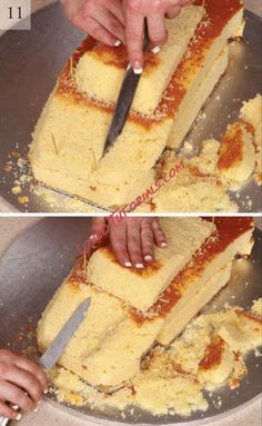 two pictures showing how to cut a cake with a knife and then using it as the base