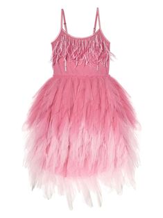 flamingo pink cotton tulle netting feather-trim detailing crystal embellishment adjustable shoulder straps scoop neck elasticated waistband tiered skirt Spring Feather Trim Dress For Dress-up, Spring Feather Trim Dress, Summer Tiered Tulle Tutu Dress, Tulle Dresses With Feather Trim For Dress-up, Spring Tulle Dress With Feather Trim, Summer Tulle Dress With Feather Trim, Pink Tulle Dress With Feathers, Princess Dresses With Feather Trim For Dress-up, Princess Style Dresses With Feather Trim For Dress-up