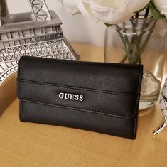 Guess Saffiano Leather Checkbook Wallet Color: Black Snakeskin Ankle Boots, Crystal Jewelry Box, Guess Wallet, White Wallet, Checkbook Wallet, Coin Purse Wallet, Guess Bags, Large Wallet, Coin Wallet