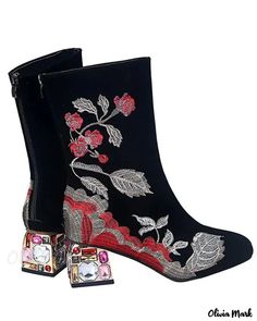 Olivia Mark - Vintage chunky heel ankle boots embroidered with flowers Jeweled Heels, Chunky Heel Ankle Boots, Heel Boot, Mid Boots, Heel Ankle Boots, Women Best, Swiss Lace, Chunky Heel, Olivia Mark