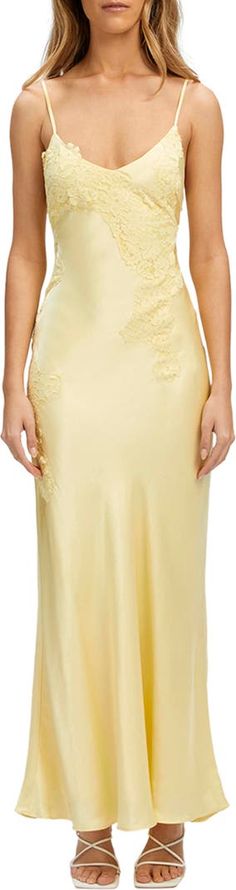 Bardot Avoco Lace Trim Midi Slipdress | Nordstrom Fitted V-neck Slip Dress With Lace Back, Formal Lace Slip Dress With Lace Back, Formal Lace Back Slip Dress, Fitted Lace Back Slip Dress For Formal Occasions, Formal Fitted Slip Dress With Lace Back, Sleeveless Formal Slip Dress With Lace Back, Sleeveless Slip Dress With Lace Back, Summer Satin Slip Dress With Lace Back, Chic Summer Slip Dress With Lace Back