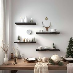 a dining room table with christmas decorations and plates on the top shelf, along with other holiday decor