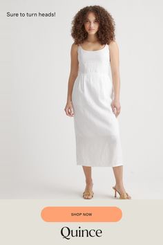 Crafted from the finest quality linen sourced from Europe, our 100% European Linen Scoop Neck Midi Dress is soft, breathable, and lightweight, making it the perfect choice for warm weather. The elegant scoop neck and midi length of the dress make it a versatile addition to any wardrobe. Whether you're dressing it up for a special occasion or keeping it casual for a day out, this dress is sure to turn heads.  | Quince | Women's 100% European Linen Scoop Neck Midi Dress in White, Size Large Scoop Neck Midi Dress, Silk Tee, Boyfriend Cardigan, Linen Tank, Wide Leg Linen Pants, European Linens, Flattering Dresses, Silk Tank, Silk Pajamas