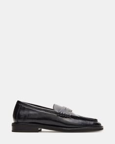 MADISON Black Leather Penny Loafer | Women's Loafers Womens Black Loafers, Steve Madden Loafers, The Madison, Leather Socks, Leather Wear, Black Loafers, Penny Loafer, Women's Loafers, Heeled Loafers