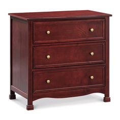 a wooden dresser with three drawers and brass knobs on the bottom drawer, against a white background