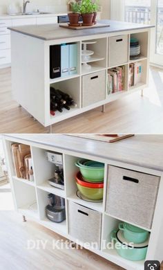 the kitchen island is made from an old cabinet