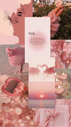 pink collage with flowers and hearts in the background