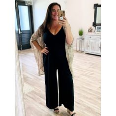 This Loose Fitting Jumpsuit Is Soft, Comfy And Perfect For Summer Evenings Out On The Town! Pair Is With A Blazer And Take It Work Work Too! This Has An Adjustable Spaghetti Strap, And Pockets! So Versatile, And So Many Ways To Wear! True To Size Versatile Black V-neck Jumpsuits And Rompers, Jumpsuit With Cardigan, Summer Evening, Pant Jumpsuit, Jumpsuit Romper, Spaghetti Strap, Spaghetti, Loose Fitting, Pants For Women