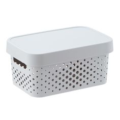 a white plastic basket with holes on the bottom and sides is shown in front of a white background