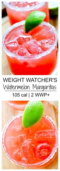 watermelon margaritas with lime garnish on top and in the middle