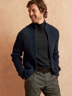 Ribbed Mock-Neck Sweater Jacket | Banana Republic Factory Casual Ribbed Turtleneck Outerwear, Ribbed Turtleneck Outerwear For Cold Weather, Casual Stand Collar Cardigan For Winter, Ribbed Turtleneck Outerwear For Layering, Classic Winter Outerwear With Funnel Neck, Classic Funnel Neck Winter Outerwear, Half-zip Outerwear With Ribbed Cuffs For Fall, Winter Half-zip Layering Outerwear, Classic Fitted Funnel Neck Outerwear