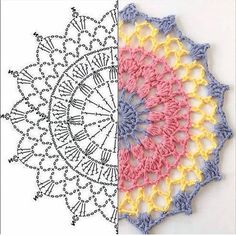 two crocheted doily designs, one in pink and the other in yellow