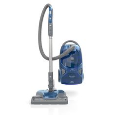 a blue and silver vacuum is on display