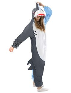 PRICES MAY VARY. MATERIAL: 100% Polar Fleece Pyjamas,Breathable,Comfortable thermal and Soft to touch. Make you become a real shark in those cold days COZY: Shark Costume for Adult and Teens features buttons,easy to put on and take it off.Side pockets,carry your keys and cell phone around with you.Loose fit design give you freedom.Attached paw-shaped gloves complete the shark costume look CLEANING :Take good care of your new shark pajamas to prevent fading! The comfortable polyester material is Shark Onesie, Shark Pajamas, Shark Costume, Adult Onesie Pajamas, Shark Costumes, Baby Costumes Girl, Onesie Costumes, Animal Pajamas, Sleepwear For Women