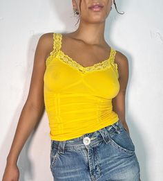 Amazing yellow supppppper stretchy and supportive singlet top  Lace detail is so cute and also stretchy! . . . Modeled on size 8/10 Heart Tank Top, Singlet Tops, Trip Outfits, Yellow Lace, Lace Tank, Y2k Fashion, Lace Tops, Cami Tops, Womens Tank