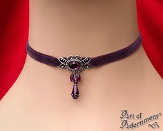 Gothic PURPLE VELVET CHOKER Antique Silver by artofadornment Gothic Choker Necklace, Victorian Filigree, Purple Gothic, Velvet Choker Necklaces, Diamond Choker Necklace, Gothic Chokers, Crescent Necklace, Horn Necklace, Diamond Choker