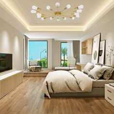 a bedroom with wood flooring and white walls is lit by recessed lights above the bed