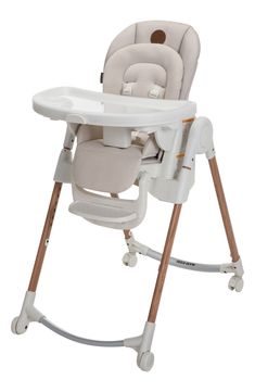 a baby high chair with wooden legs and seat in beige color, on white background