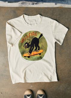 imogene + willie · the "hellfire" tee Tee Shirt Outfit, Imogene Willie, Hand Drawn Design, Vintage Tees, Made In The Usa, Shirt Outfit, The Well, Nashville, Hand Drawn