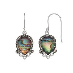 Capture attention with the distinctive design of these Tori Hill earrings. Capture attention with the distinctive design of these Tori Hill earrings. Length: 1 1/16 in. Backings: fishhook Metal: sterling silver Finish: antiqued Additional details: glass & abalone doublets, marcasite accents Packaging: boxed Diamond weights are approximate. Diamond total weights may vary between .01 and .08 ct. Some diamonds have fewer than 17 facets. Image(s) may be enlarged to show detail. Please note, due Abalone Earrings Native, Elegant Handmade Abalone Shell Earrings, Vintage Silver Jewelry With Abalone Shell, Elegant Abalone Shell Pierced Earrings, Silver Abalone Shell Earrings, Mid Century Earrings, Character Costumes, Vintage Earrings, Jewelry Earrings Dangle