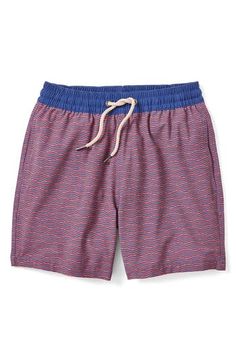 Stretchy and quick-drying, these water-repellent swim trunks made with recycled fibers feature an interior boxer brief to keep your young swimmer comfortable. Handy pockets keep on-land essentials where they're easy to find. Elastic/drawstring waist Side-seam pockets; back zip pocket Interior liner shorts Durable water-repellent (DWR) finish 80% recycled polyester, 12% cotton, 8% spandex Machine wash, tumble dry Imported Red Stretch Swim Trunks For Beach Season, Red Stretch Swim Trunks For Summer, Red Swim Trunks For Beach Season, Poolside Moisture-wicking Cotton Swim Trunks, Moisture-wicking Cotton Swim Trunks For Poolside, Red Swimwear With Built-in Shorts For Swimming, Red Swim Trunks With Built-in Shorts For Poolside, Red Nylon Swim Trunks For Beach, Summer Red Swim Trunks For Poolside