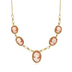 Ross-Simons - C. 1980 Vintage Orange Shell Cameo Necklace in 14kt Yellow Gold. 21.5". C. 1980. Calling all cameo lovers, this necklace is for you! Our Estate collection presents this lovely drop necklace, adorned with 12x9-17x13mm carved ovals of orange shell. Crafted in warm 14kt yellow gold. Graduates from 1/16" to 3/4" wide. Suspends from a Figaro-link chain. Springring clasp, orange shell cameo necklace. Exclusive, one-of-a-kind Estate Jewelry. Jewelry Presentation, Antique Jewelry Necklace, Orange Stone, Fine Jewelery, Cameo Necklace, Vintage Orange, Drop Necklace, Estate Jewelry, Vintage Watches